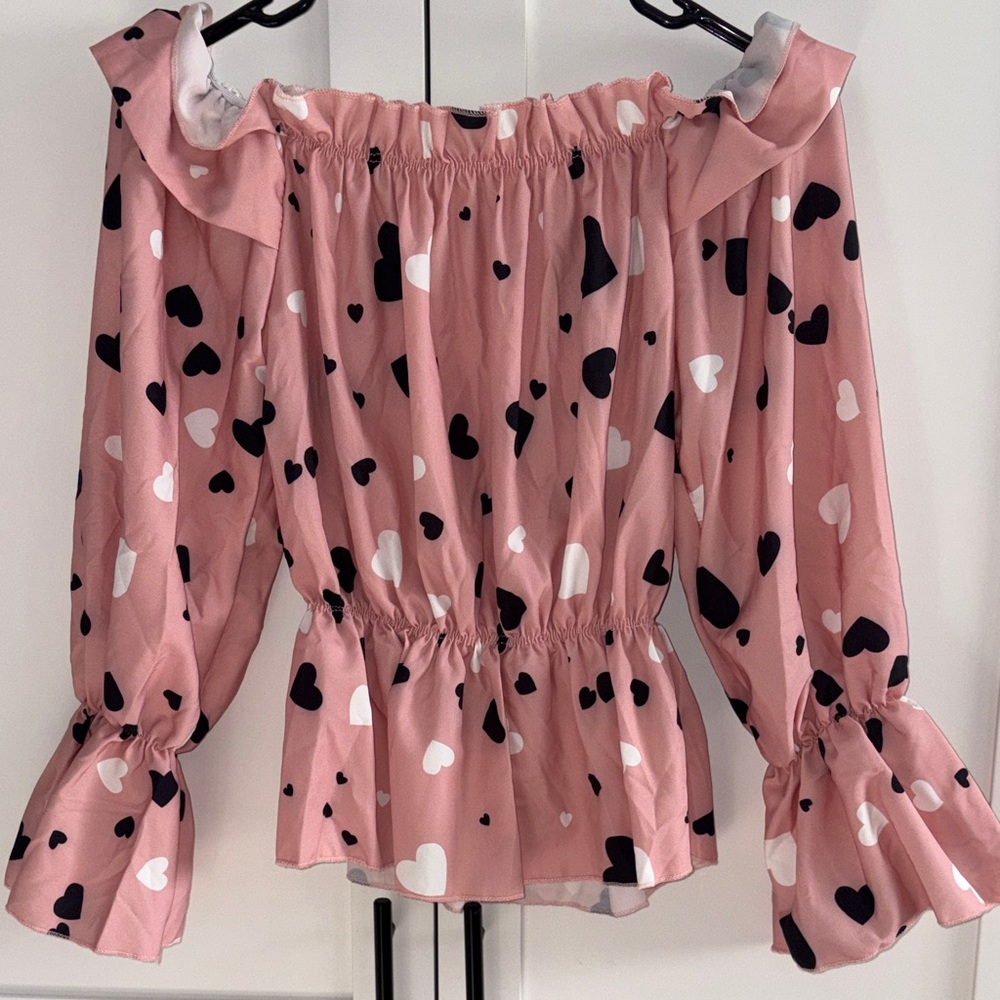 NEW! SHEIN Pink Heart Print Off-Shoulder Blouse